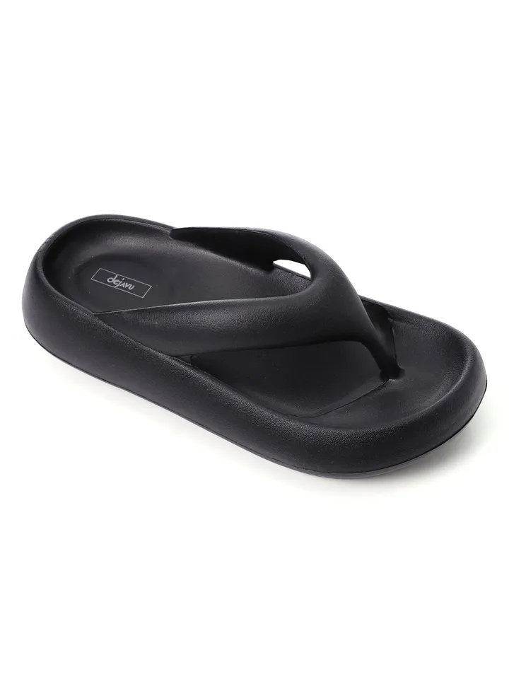 Practical Plain Thong Cloud Slippers - Black