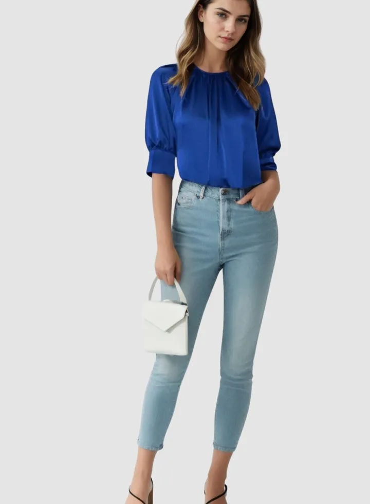 Satin Gathered Blue Top