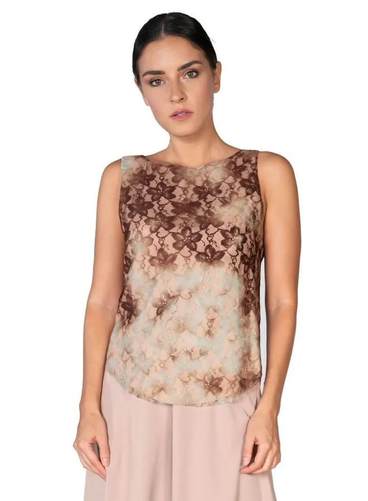 Floral Lace Detailed Top Brown/Pink/White