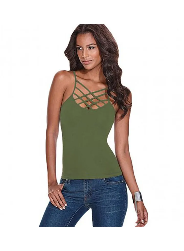 Criss Cross Backless Bodycon Tunic Top Dark Green