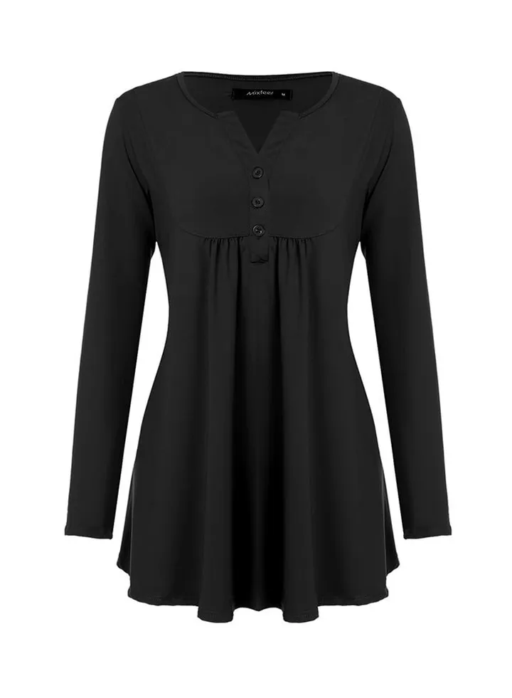 Long Sleeves Henley Neck Tunic T-Shirt Black