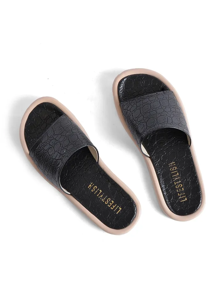 Slippers Flat Leather Crocodile SL-140 - Black