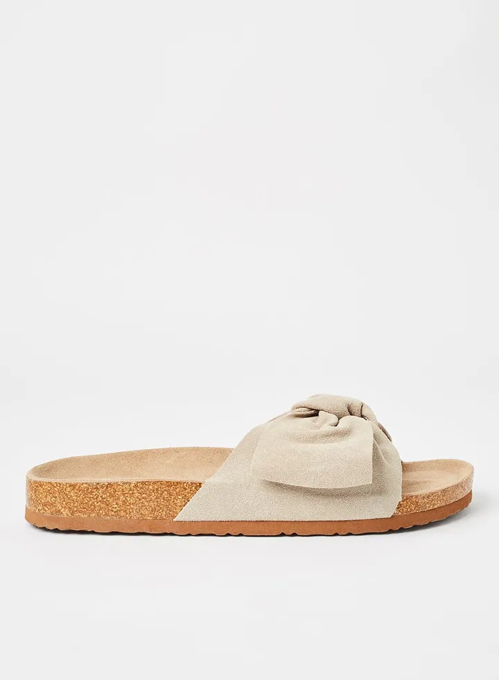 Bow Detail Suede Slides Nude