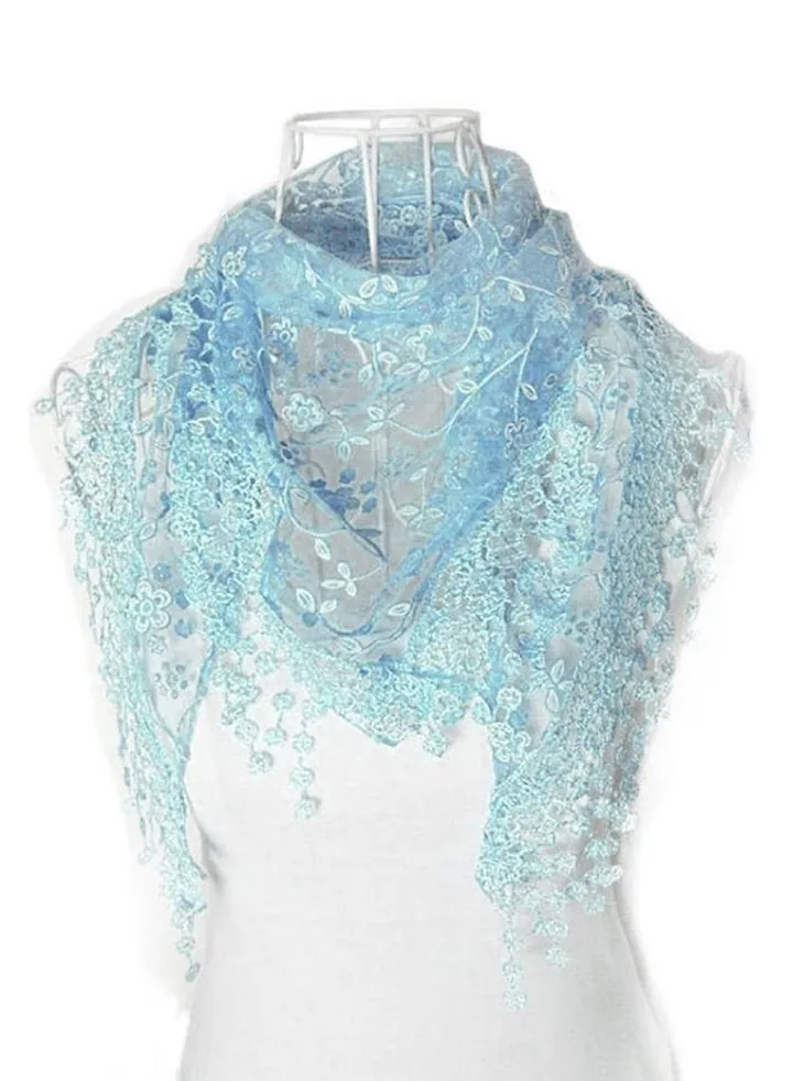 Lace Floral Knitted Scarf Blue