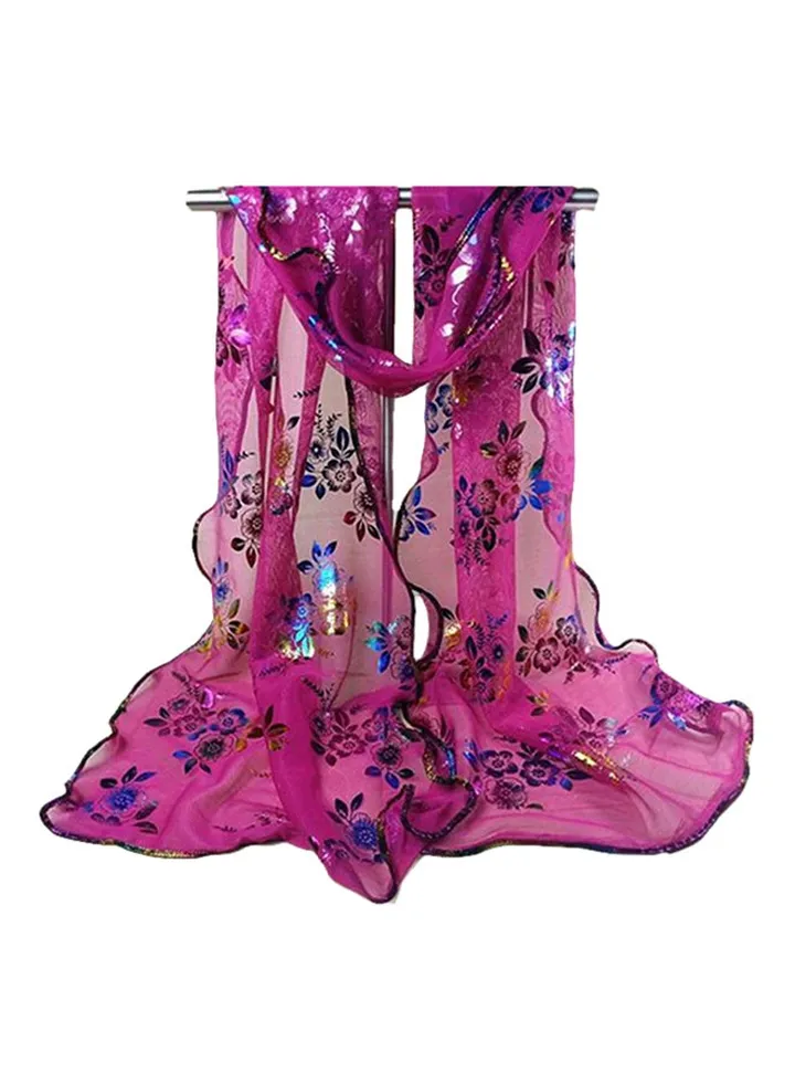Long Floral Tulle Beach Scarf Purple