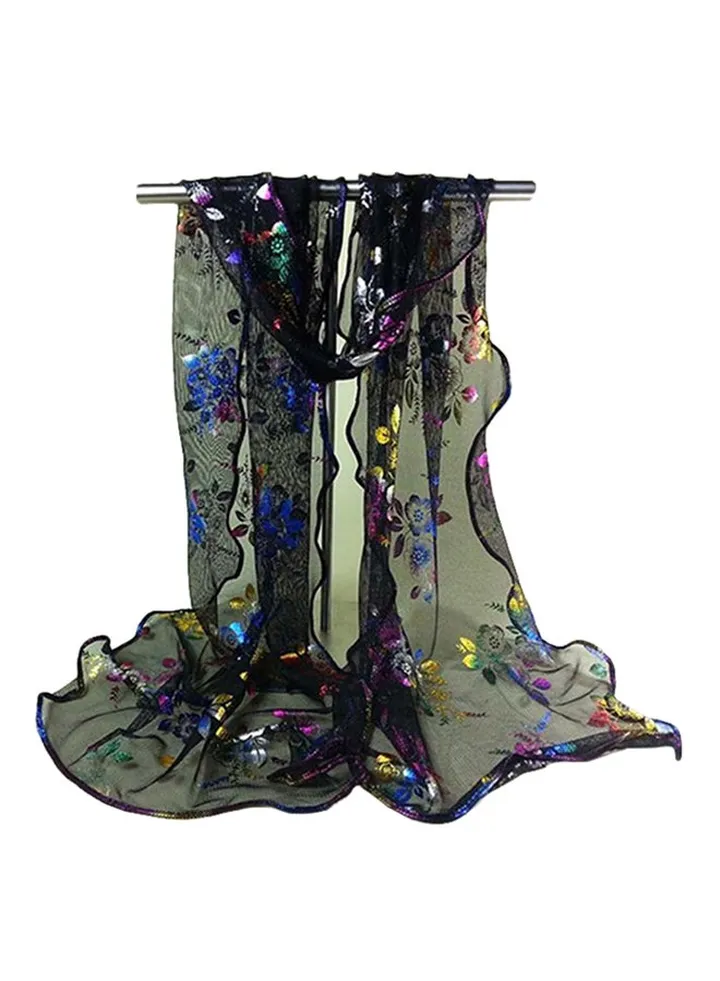 Long Floral Tulle Beach Scarf Black