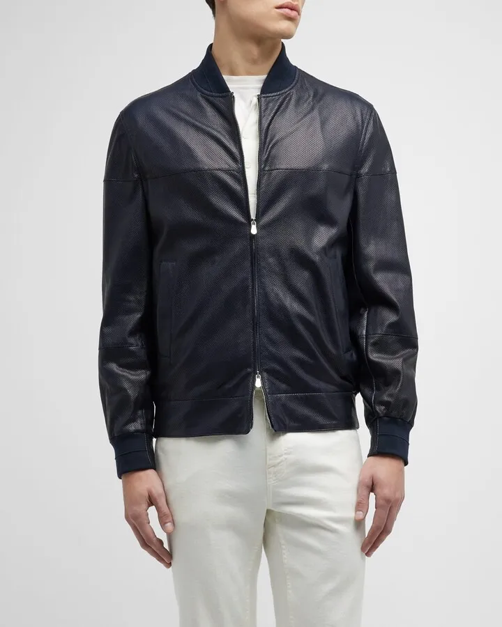 Men's Perforated Leather Bomber Jacket