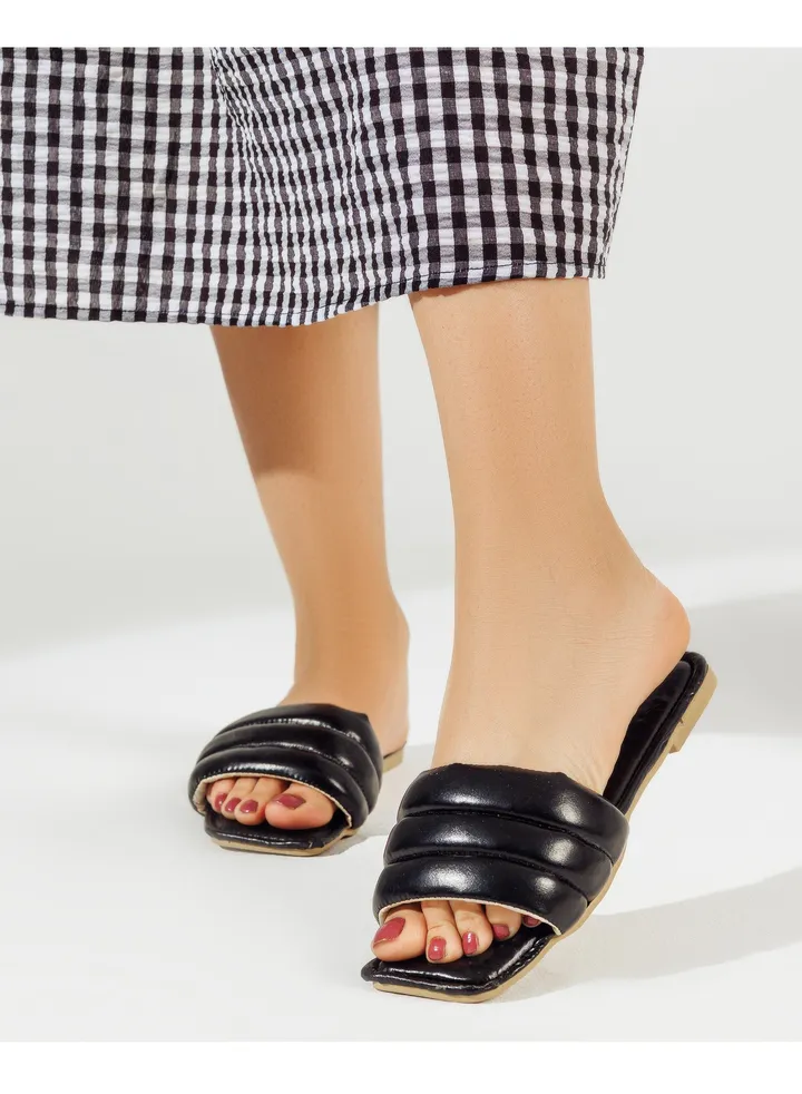 Slipper Flat Straps Leather SL-134 - Black