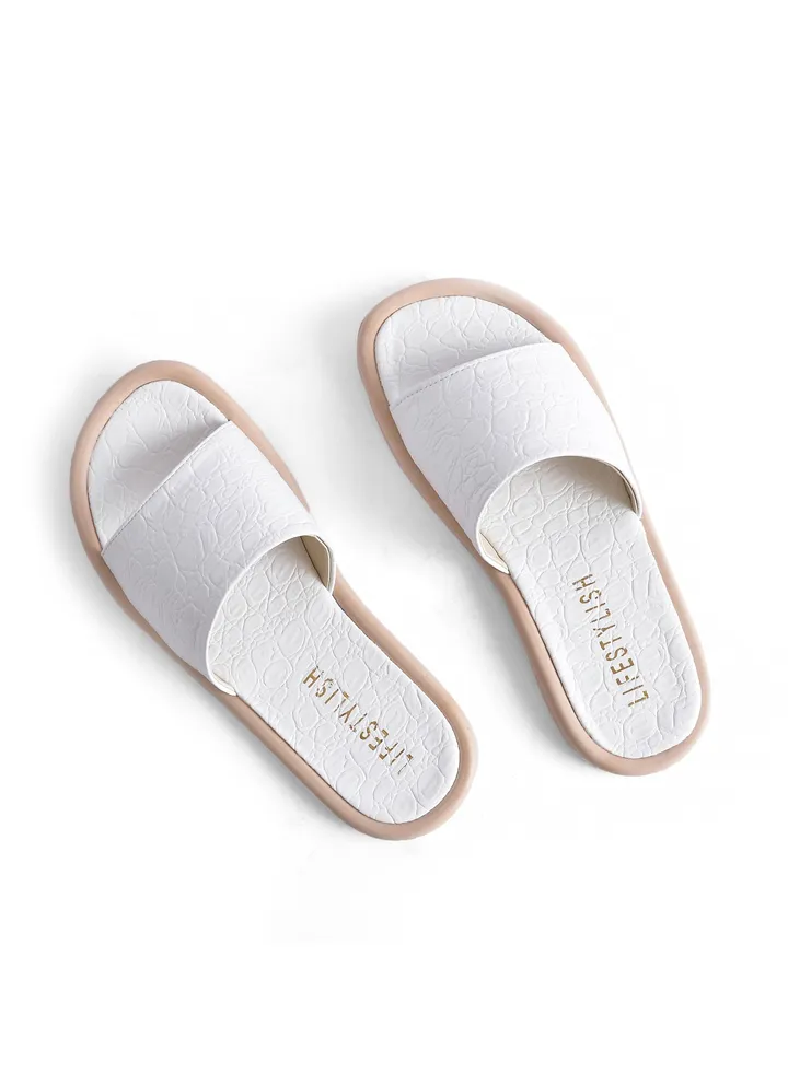 Slippers Flat Leather Crocodile SL-140 - White