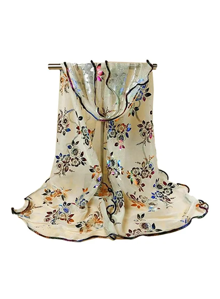 Long Floral Tulle Beach Scarf Beige