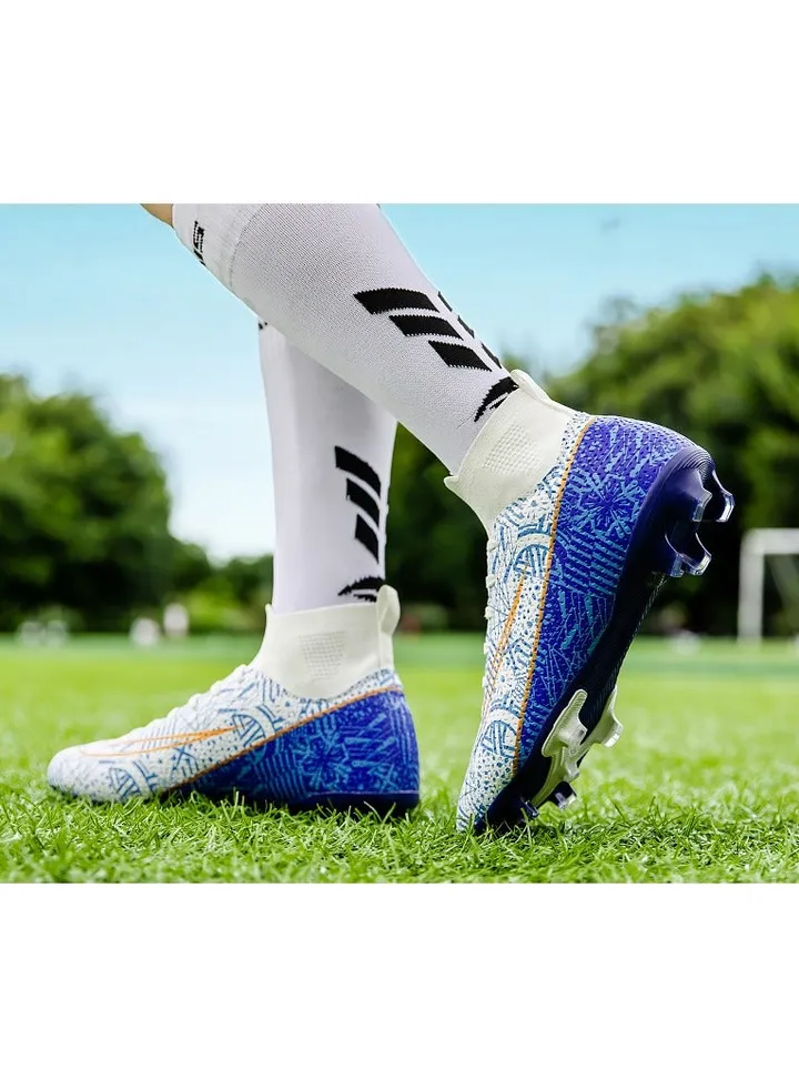 Football Boots for Men Women Unisex-Adult Football Shoes Sneakers High Ankle Non-Slip Training Sneaker Athletics Football Soccer Shoes for Youth Students (Blue and White)