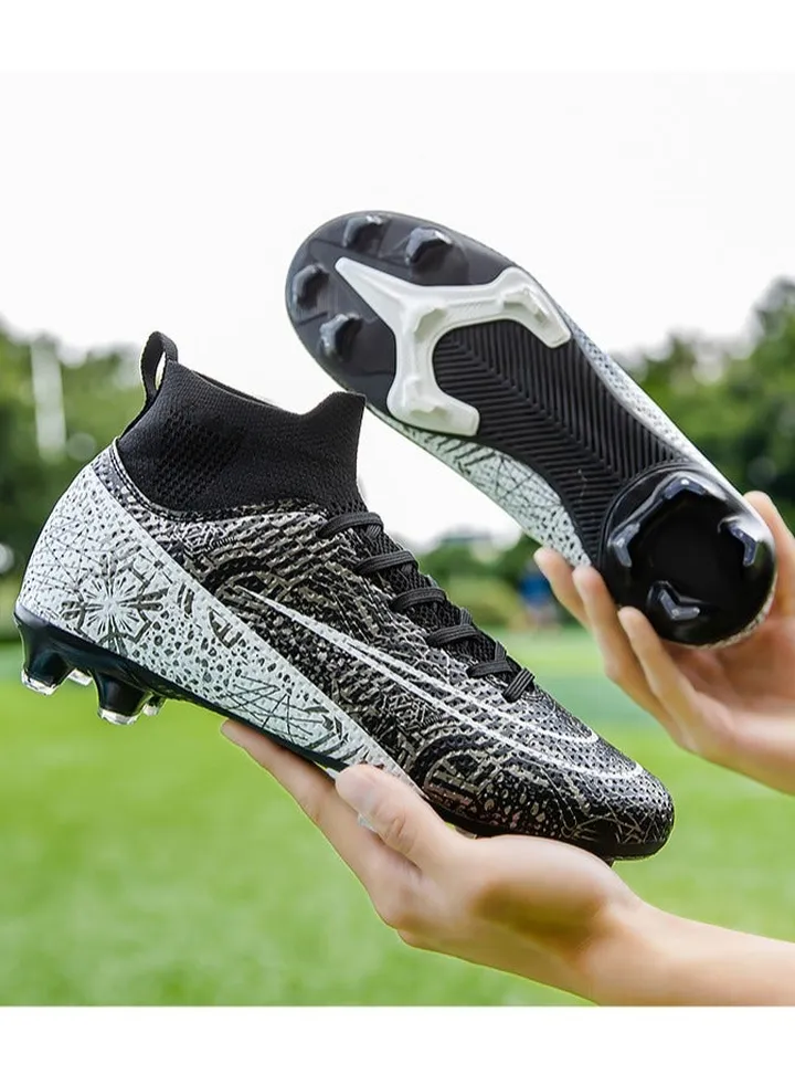 Football Boots for Men Women Unisex-Adult Football Shoes Sneakers High Ankle Non-Slip Training Sneaker Athletics Football Soccer Shoes for Youth Students (White Black)