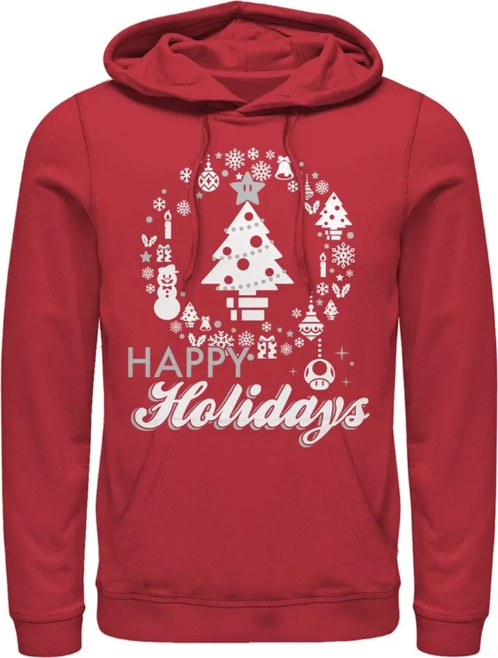 Men's Nintendo Christmas Happy Holidays Tree Pull Over Hoodie - Red - Large