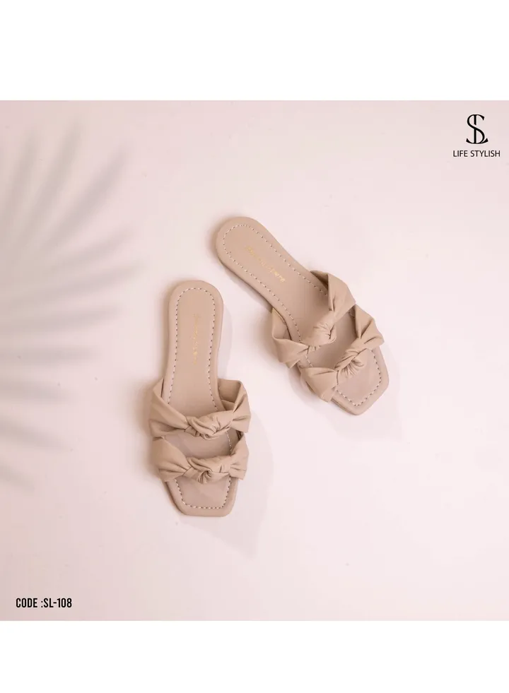 SL-108 Leather Slipper With Two Bond - Beige