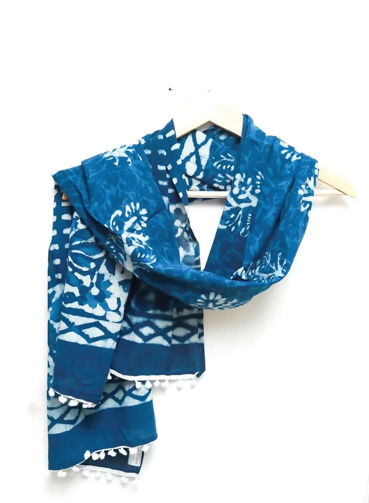 Garden Indigo Tie And Dye Hand Block Printed 100 Percent Breathable Soft Organic Cotton Scarf Hijab