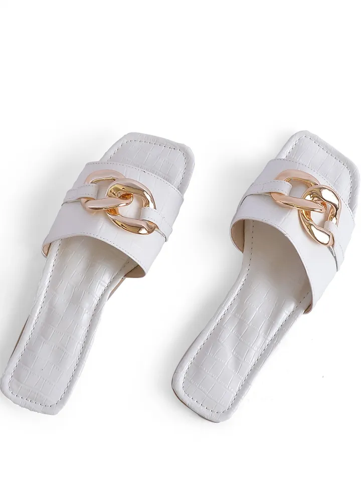 Slipper Falt Leather Crocodeal SL-131 - White