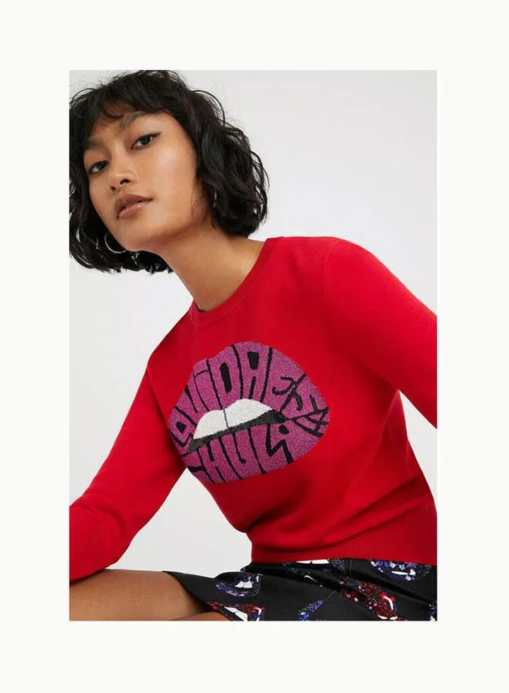 Fine-Knit Lips Jumper Red