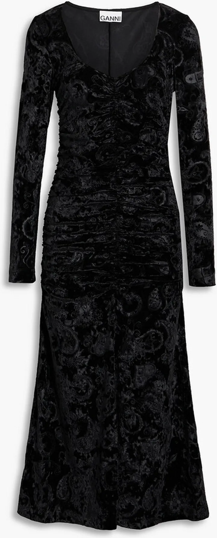 Ruched velvet-jacquard midi dress