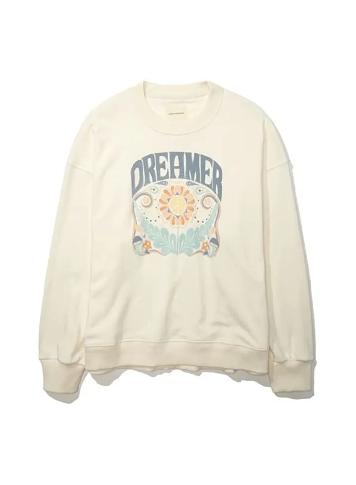 American Eagle Women's Crew Neck Sweatshirt WHITE, Medium Oversize