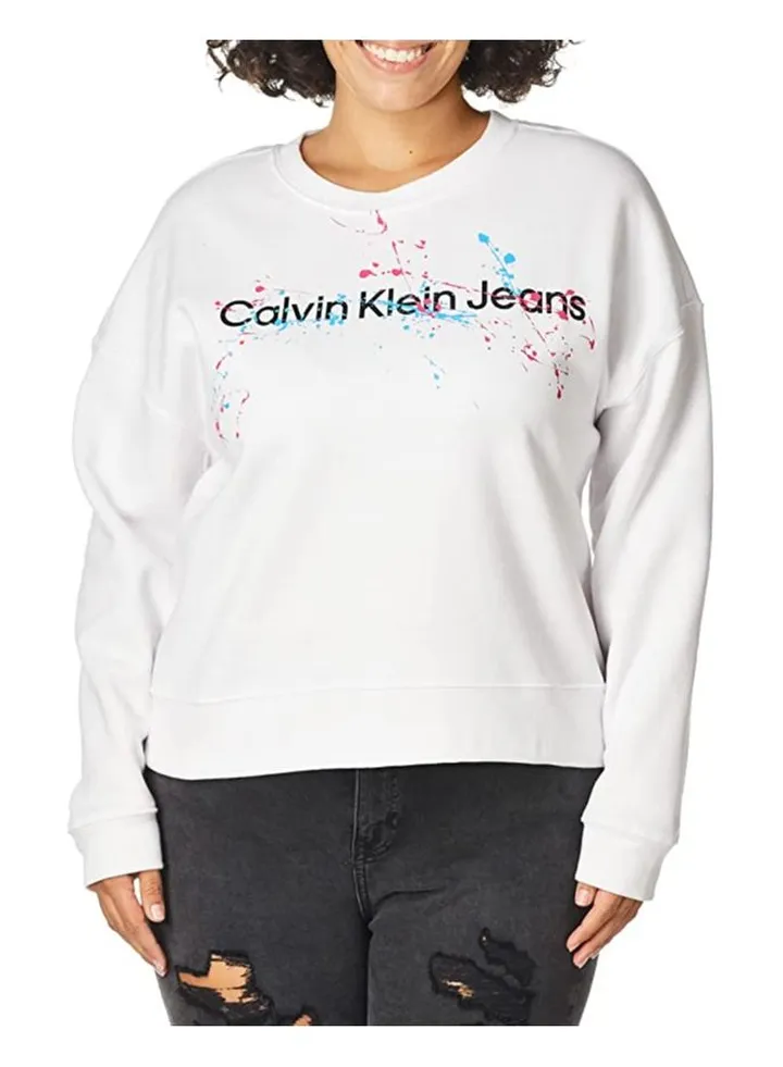 Calvin Klein Jeans Men's Splatter Long Sleeve Pullover, White/Electric Pink