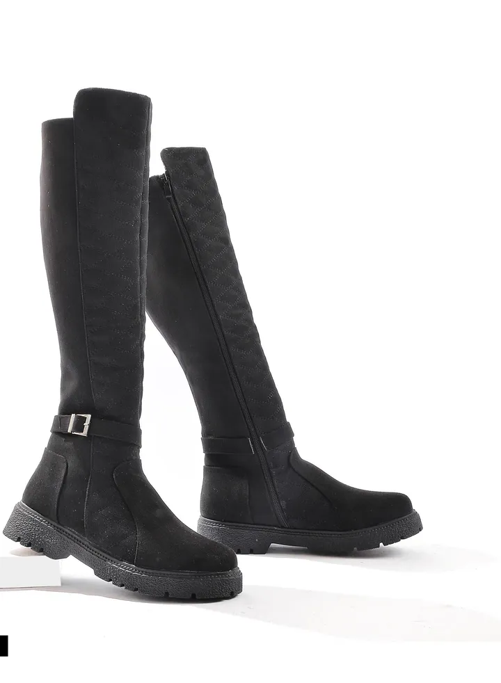 Long Leather 3 Buckle Half-boot - BLACK Z-6