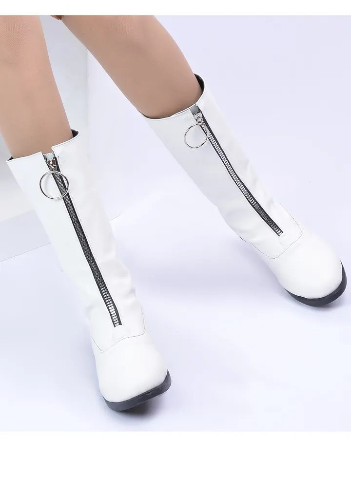 Boots With Leather Front Zipper B-13-White