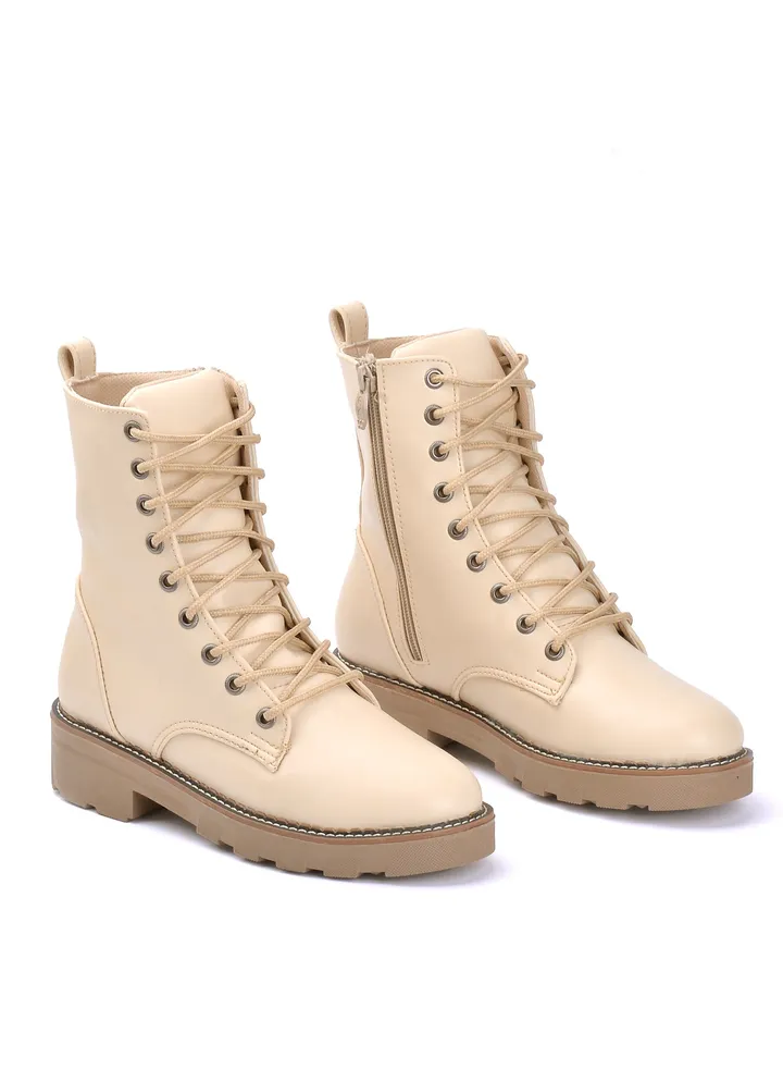 Half Boot Leather And Zipper-BEIGE