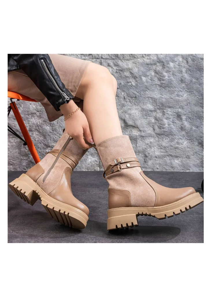 Half Boot Elegant Suede Two Buckles-Beige