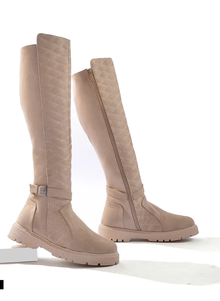 Long Leather 3 Buckle Half-boot - Z5-BEIGE