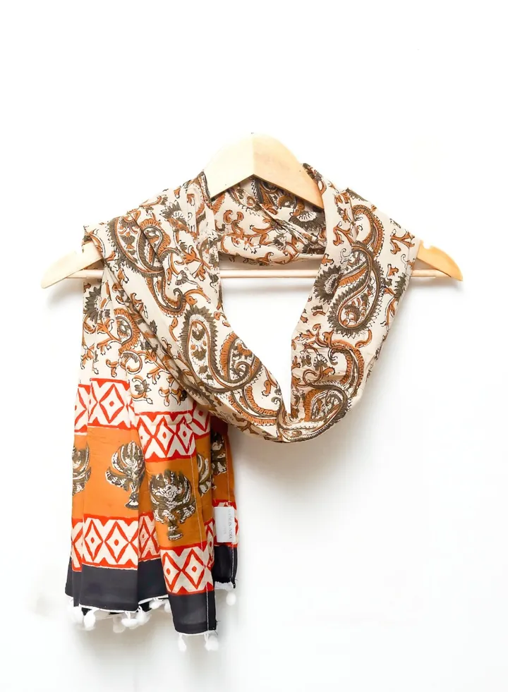 Paisley Beige Dye Block Printed 100 Percent Breathable Soft Cotton Scarf Stole