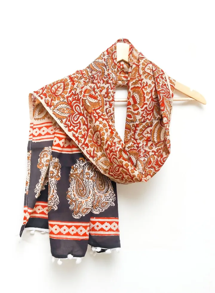 Queen Paisley Beige Hand Block Printed 100 Percent Breathable Soft Organic Muslin Cotton Scarf Hijab