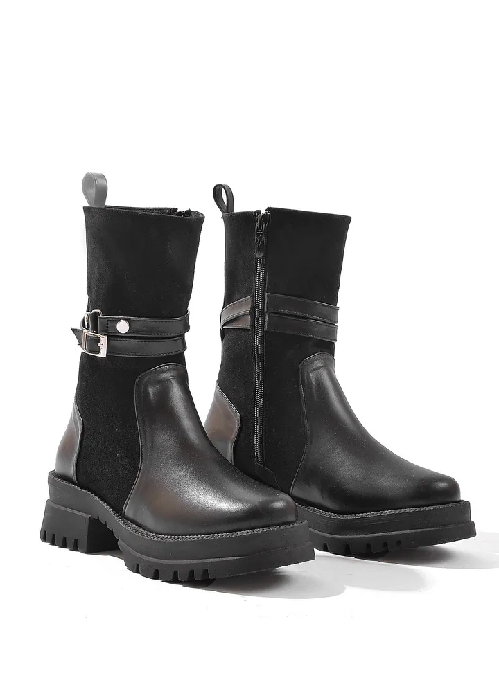 Half Boot Elegant Suede Two Buckles-BLACK