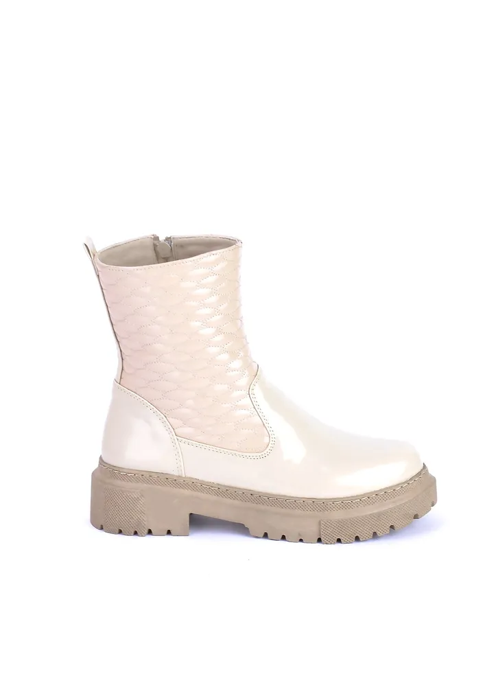 High Quality Glossy Cabotone Leather Half Boot-Beige