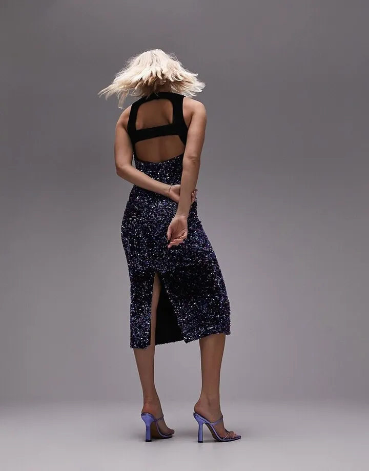 Topshop sequin open back midi dress in multi