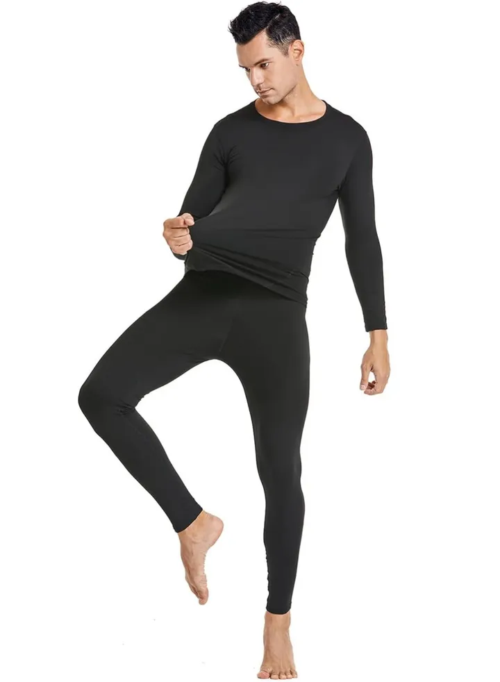 Men's Thermal Underwear Sets Top & Long Johns Fleece Sweat Quick Drying Thermo Base Layer-Black