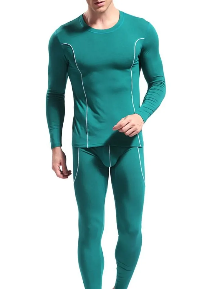 Long Sleeves Thermal Slim Fit Underwear Top And Pants Set Green