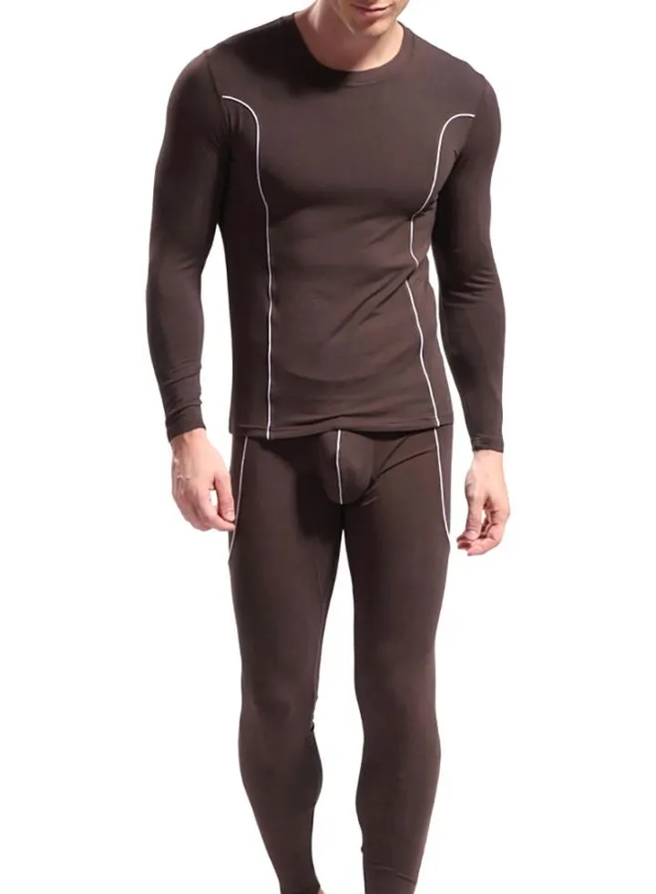 Long Sleeves Thermal Slim Fit Underwear Top And Pants Set Coffee