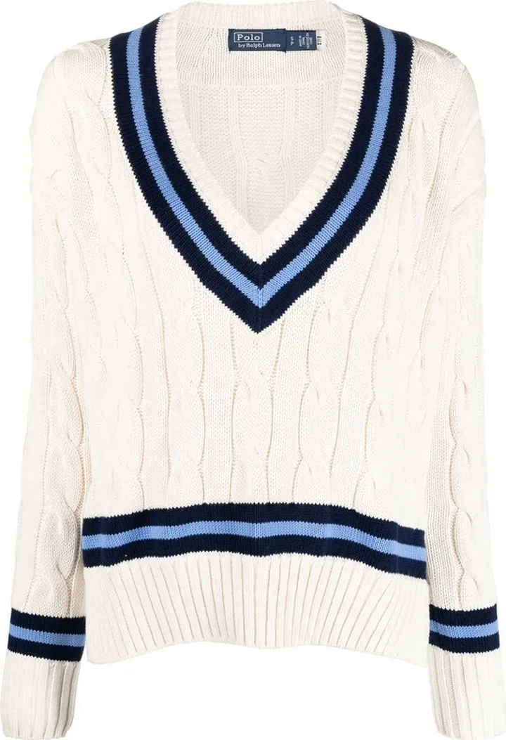 Cream Cable-Knit V-Neck Pullover