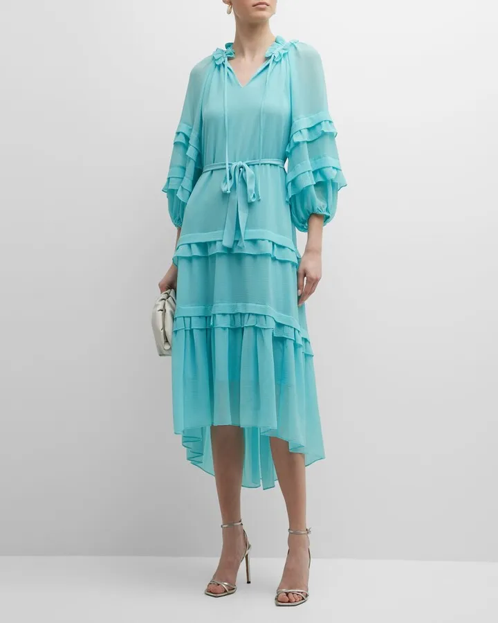 Koa Tiered Blouson-Sleeve High-Low Midi Dress