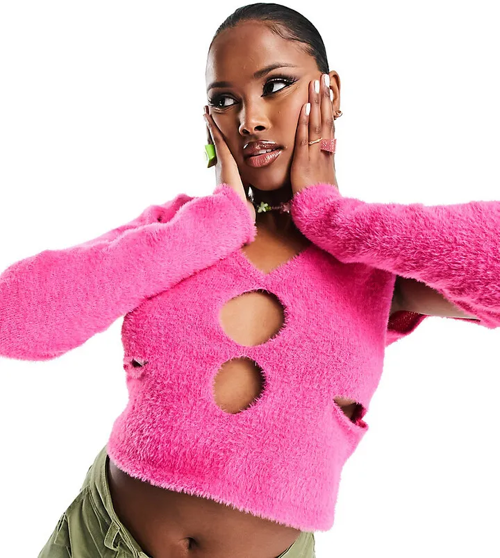 ASYOU knit eyelash cut out top in pink