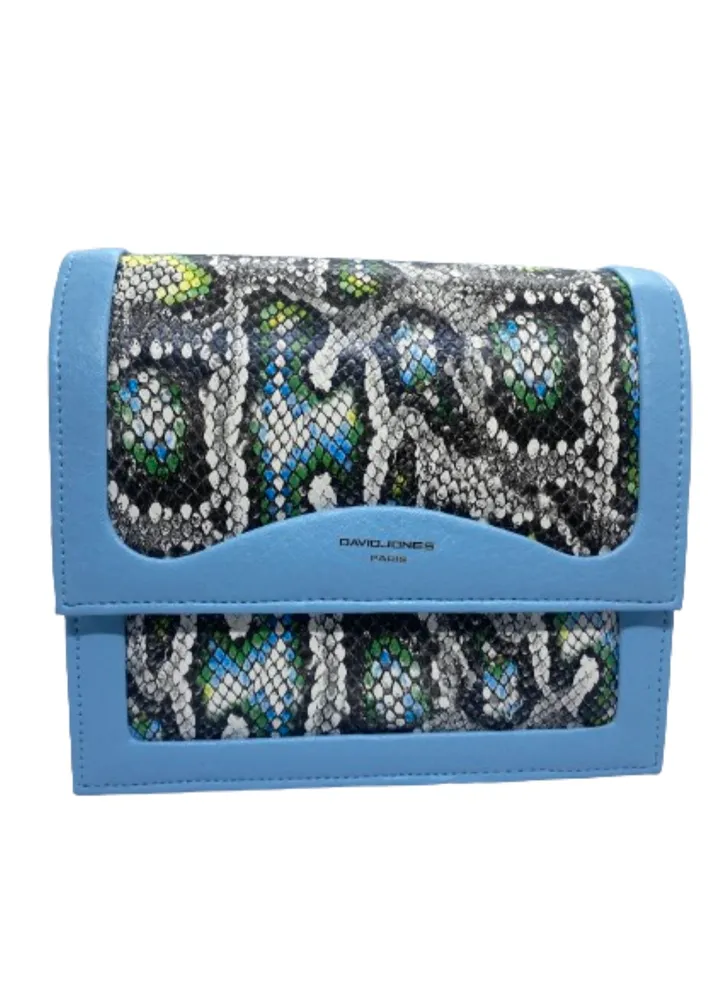 Luxury women's leather bag, blue color with python leather, from David Jones