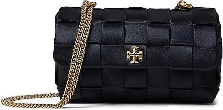 Tory Burch Kira Woven Satin Mini Flap Bag (Black) Handbags