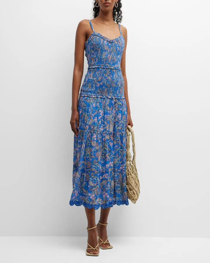 Smocked Paisley Tiered Spaghetti-Strap Midi Dress