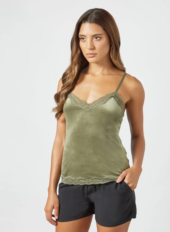 Velvet Lace Cami Top Green