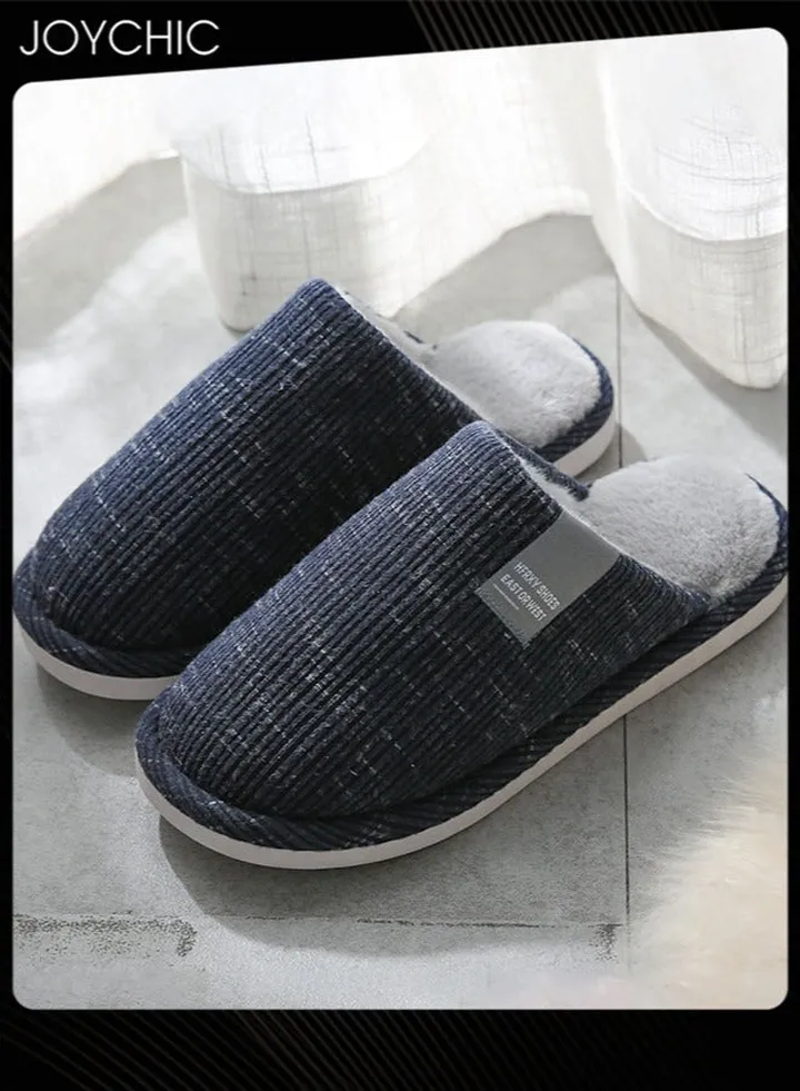 Men's Autumn and Winter Cotton Breathable Home Indoor Slippers Soft Sole Thickened Plush Warm Bedroom Dark Blue