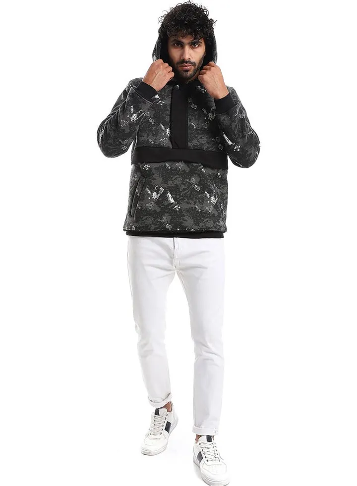 Self Pattern Long Sleeves Worm Hoodie _ Grey, White & Black