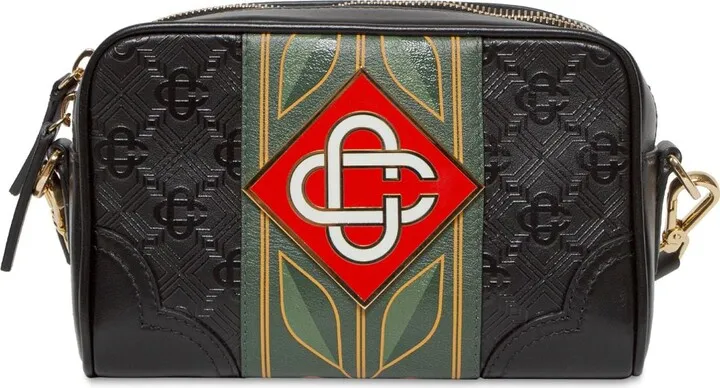 Logo printed leather camera bag