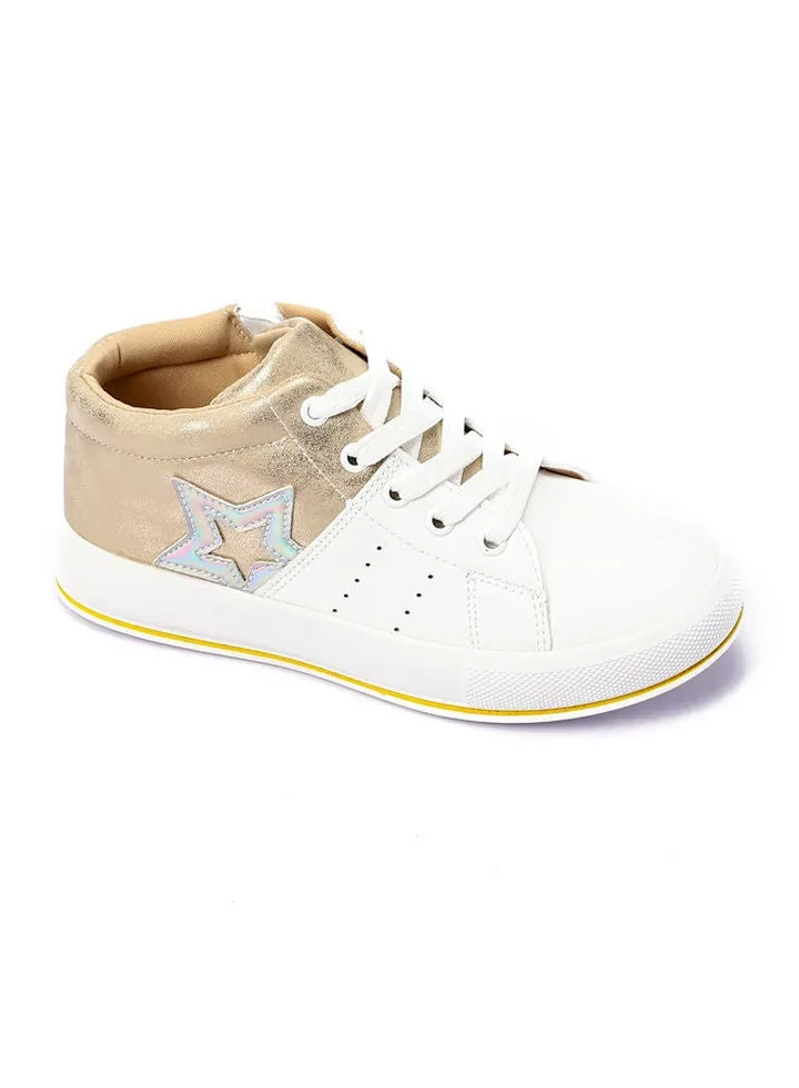 Girls High Neck Lace Up & Zipper Sneakers - White & Gold