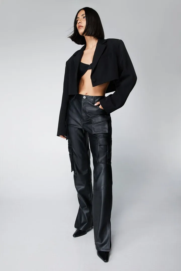 Nasty Gal Womens Faux Leather Wide Leg Cargo Pants