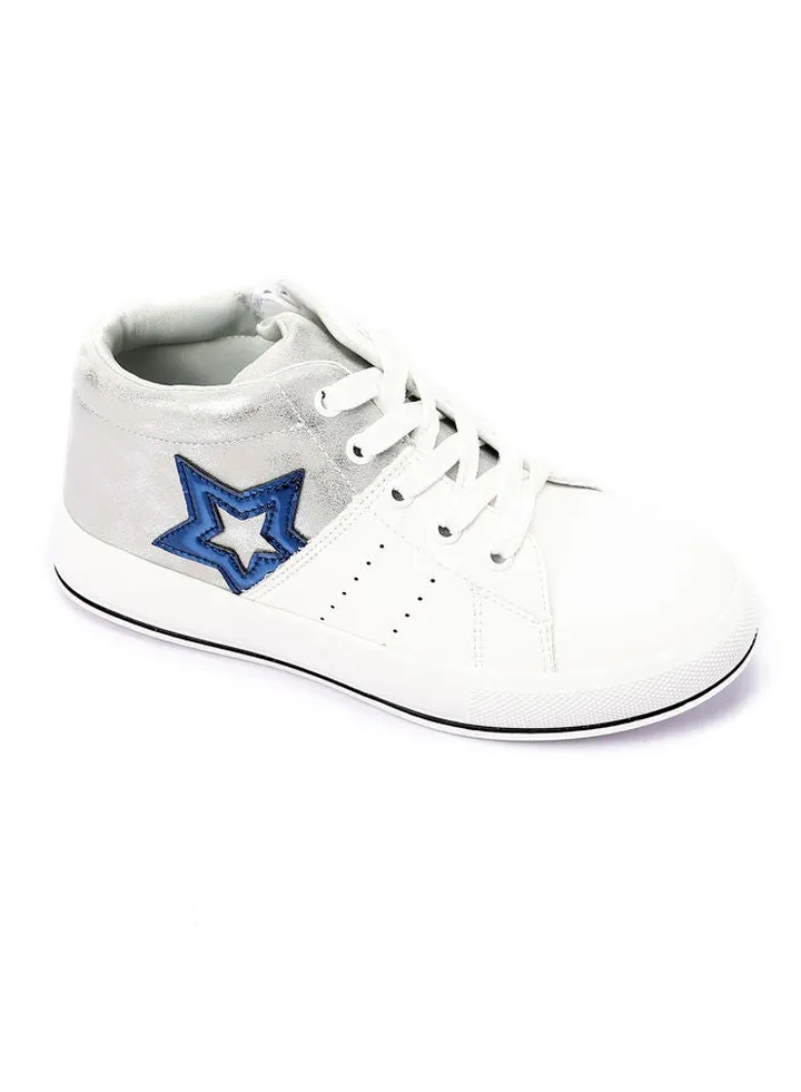 Girls High Neck Lace Up & Zipper Sneakers - White & Silver